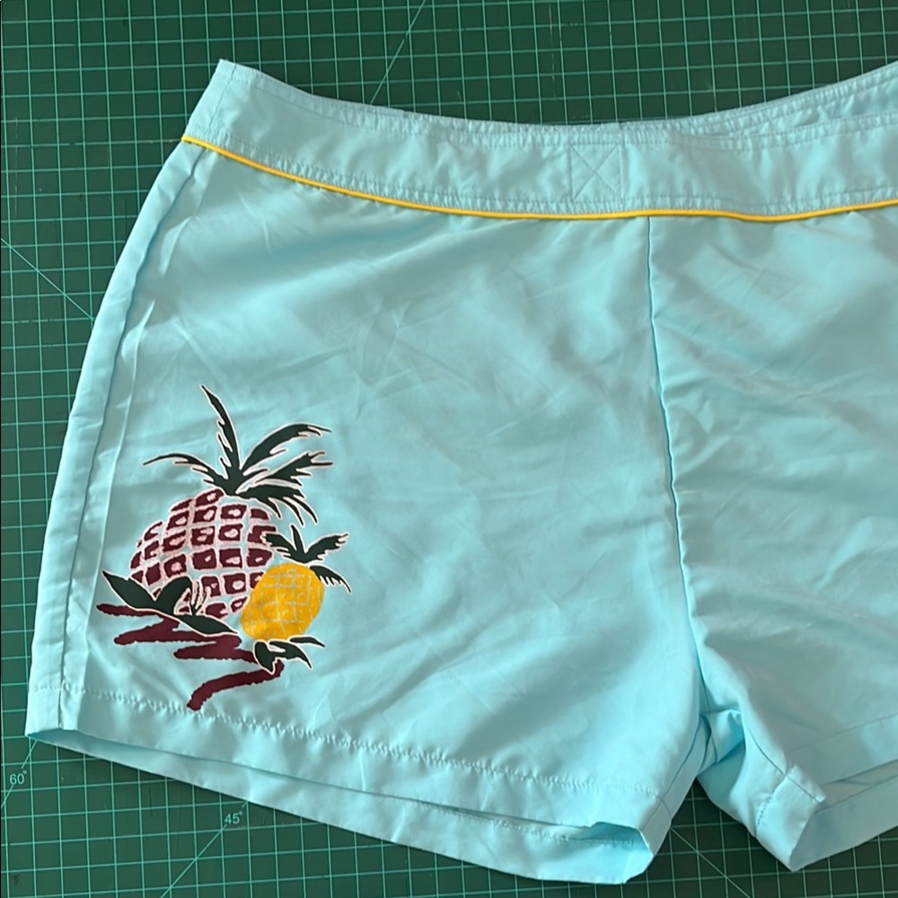 Vintage 90s Low Rise Light Blue Women's Surf Shorts with Pineapple Design 🏄🏼‍♀️